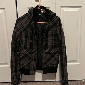 Billabong Gray Red Black Plaid Toggle Button Coat Wool Viscose Size medium